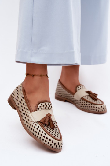 Pelle con elementi traforati scarpe mocassini da donna Deveciejka HJ760-14 marrone-beige 2