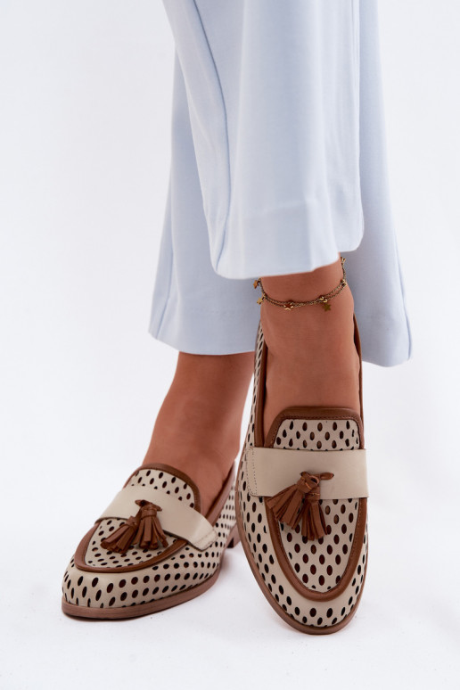 Pelle con elementi traforati scarpe mocassini da donna Deveciejka HJ760-14 marrone-beige