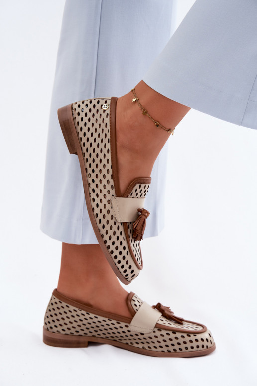 Pelle con elementi traforati scarpe mocassini da donna Deveciejka HJ760-14 marrone-beige