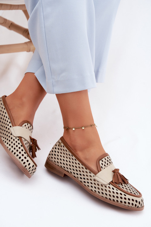 Pelle con elementi traforati scarpe mocassini da donna Deveciejka HJ760-14 marrone-beige