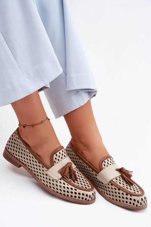 Pelle con elementi traforati scarpe mocassini da donna Deveciejka HJ760-14 marrone-beige