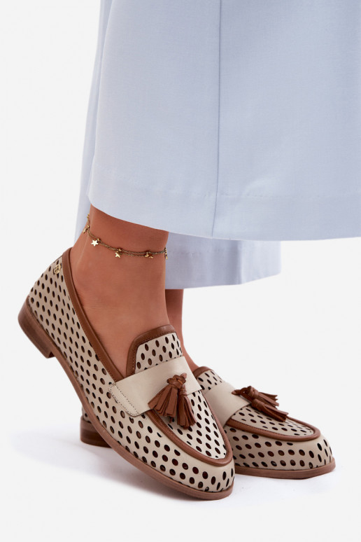 Pelle con elementi traforati scarpe mocassini da donna Deveciejka HJ760-14 marrone-beige