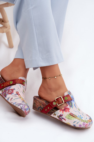 Ciabatte in pelle per donna con piattaforma e fiori in vari colori