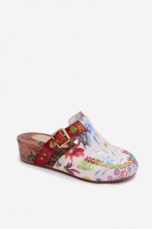 Ciabatte in pelle per donna con piattaforma e fiori in vari colori