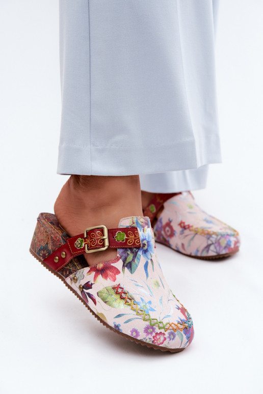 Ciabatte in pelle per donna con piattaforma e fiori in vari colori