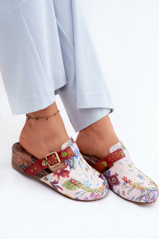 Ciabatte in pelle per donna con piattaforma e fiori in vari colori