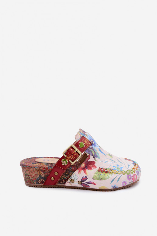 Ciabatte in pelle per donna con piattaforma e fiori in vari colori