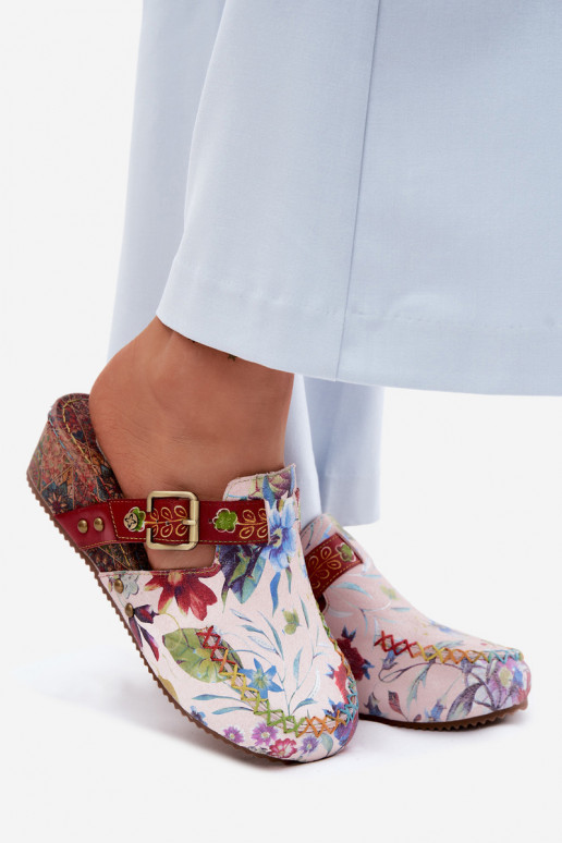 Ciabatte in pelle per donna con piattaforma e fiori in vari colori