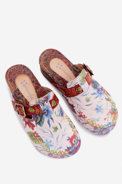 Ciabatte in pelle per donna con piattaforma e fiori in vari colori