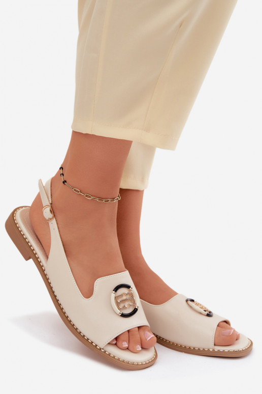 Sandali da donna con tacchi larghi con ornamenti S.Barski KV61-6037 color crema