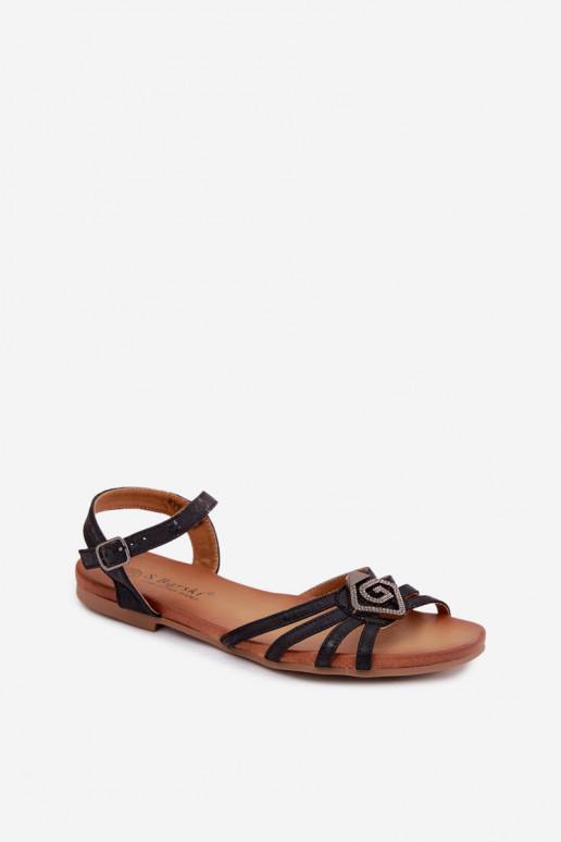 Sandali piatti per donne con cinturini e decorazione S.Barski KV61-6056 colore nero