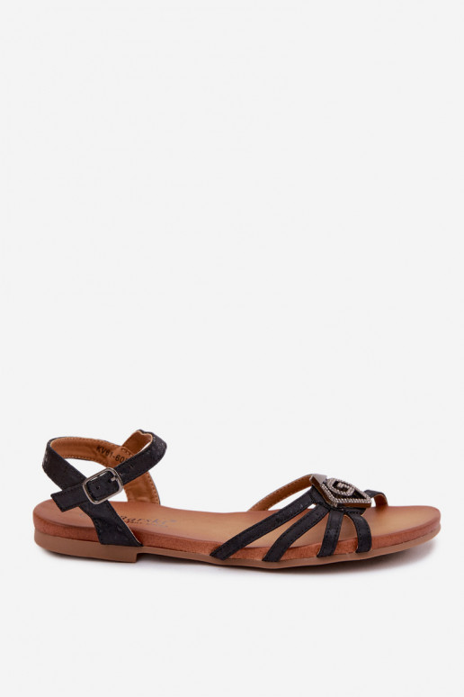 Sandali piatti per donne con cinturini e decorazione S.Barski KV61-6056 colore nero