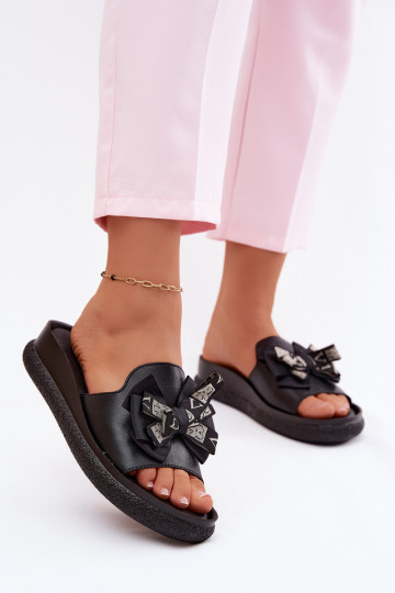 Pantofole da donna pelle naturale con nastri S.Barski KV61-6061 colore nero 2