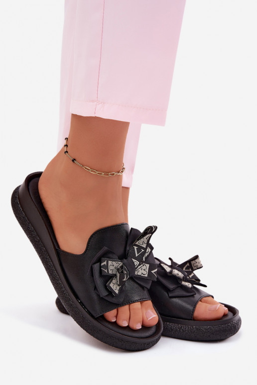 Pantofole da donna pelle naturale con nastri S.Barski KV61-6061 colore nero