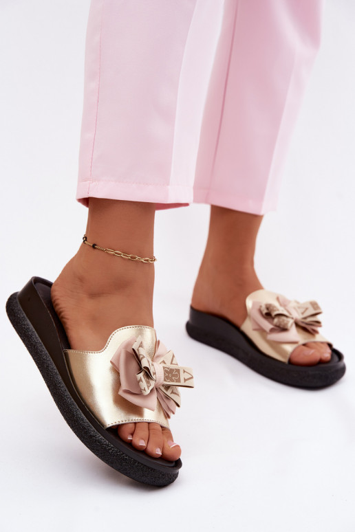 Pantofole da donna pelle naturale con nastri S.Barski KV61-6061 colore dorato