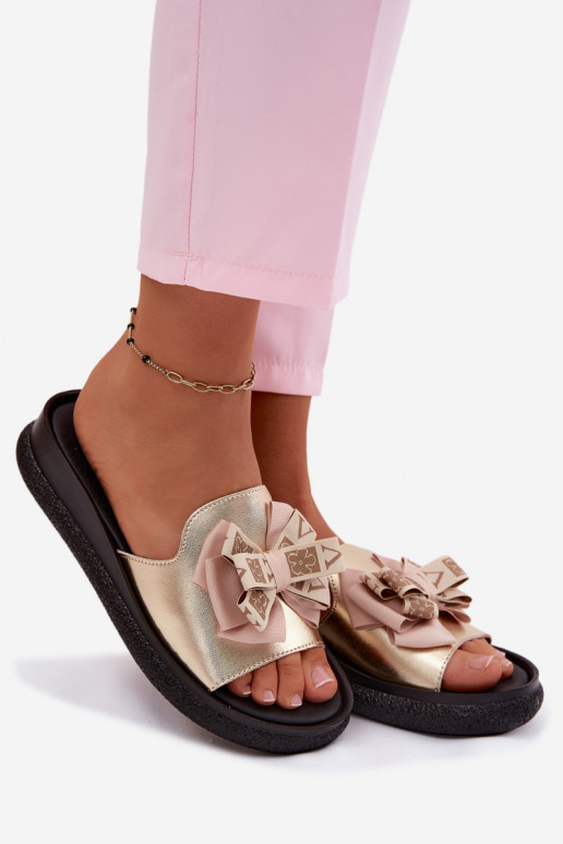 Pantofole da donna pelle naturale con nastri S.Barski KV61-6061 colore dorato