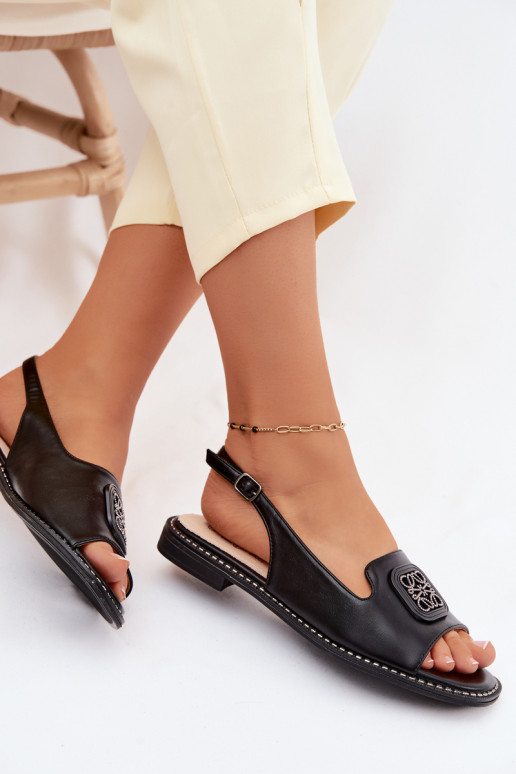 Sandali da donna con tacchi larghi con ornamenti S.Barski KV61-6016 colore nero