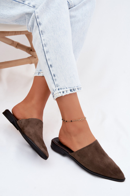 Pelle pantofole in pelle scamosciata Mule Appartamento delle donne D&A JC61-1004 colore kaki