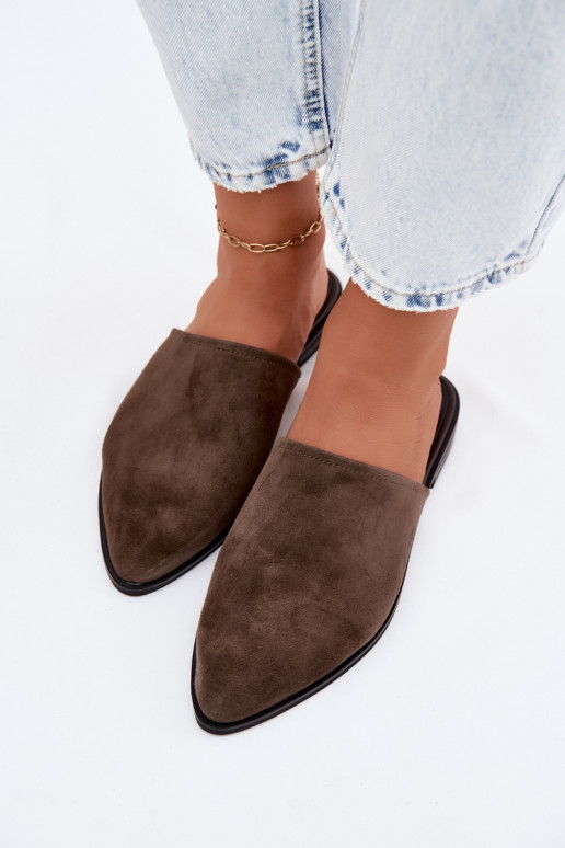 Pelle pantofole in pelle scamosciata Mule Appartamento delle donne D&A JC61-1004 colore kaki