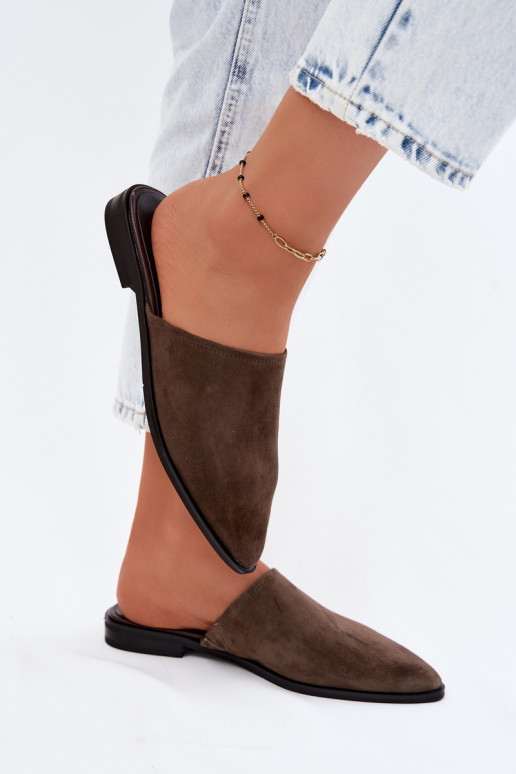 Pelle pantofole in pelle scamosciata Mule Appartamento delle donne D&A JC61-1004 colore kaki