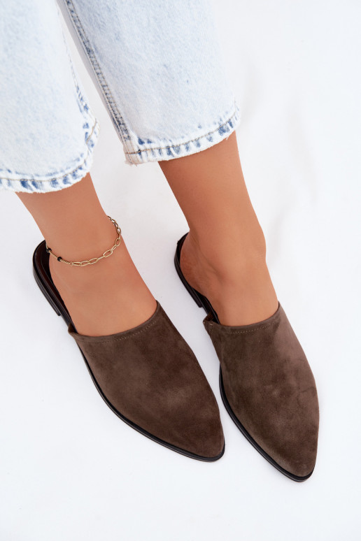 Pelle pantofole in pelle scamosciata Mule Appartamento delle donne D&A JC61-1004 colore kaki