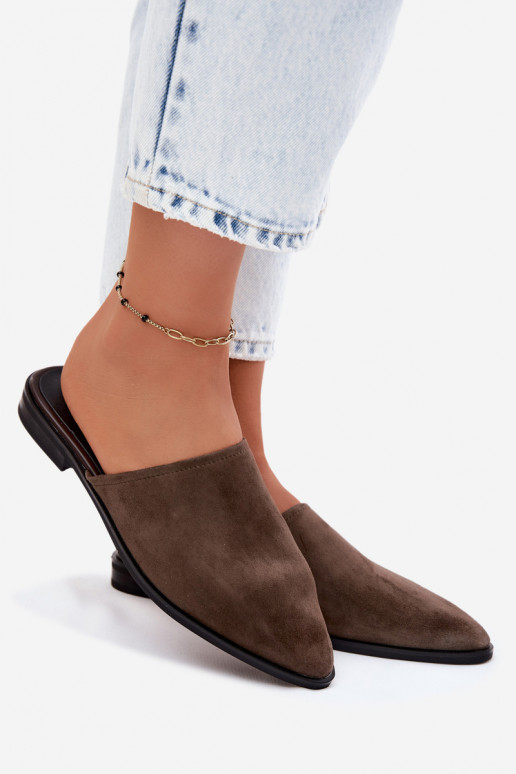 Pelle pantofole in pelle scamosciata Mule Appartamento delle donne D&A JC61-1004 colore kaki