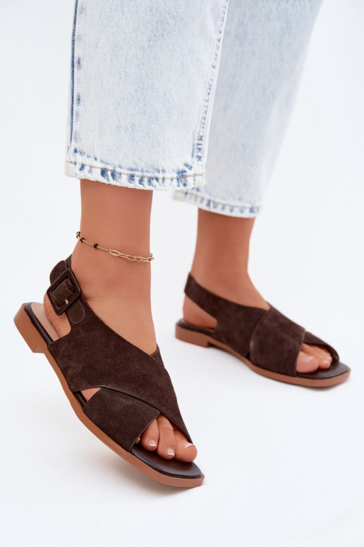 Pelle Sandali da donna in camoscio con tacchi larghi D&A JC61-1001 CzekoladoAe