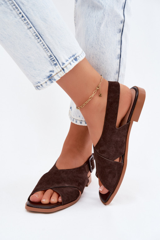 Pelle Sandali da donna in camoscio con tacchi larghi D&A JC61-1001 CzekoladoAe