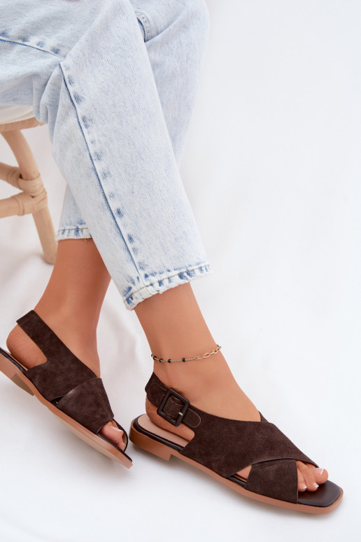 Pelle Sandali da donna in camoscio con tacchi larghi D&A JC61-1001 CzekoladoAe