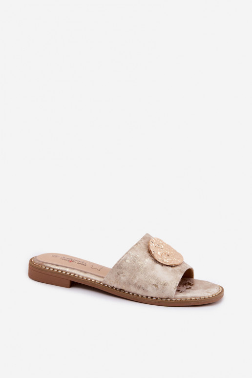 Pantofole da donna con dettagli decorativi e tacco largo KV61-6034 oro