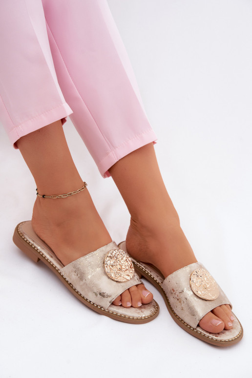 Pantofole da donna con dettagli decorativi e tacco largo KV61-6034 oro