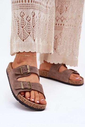 pantofole in pelle scamosciata Su suola in sughero con fibbie beige Tavira