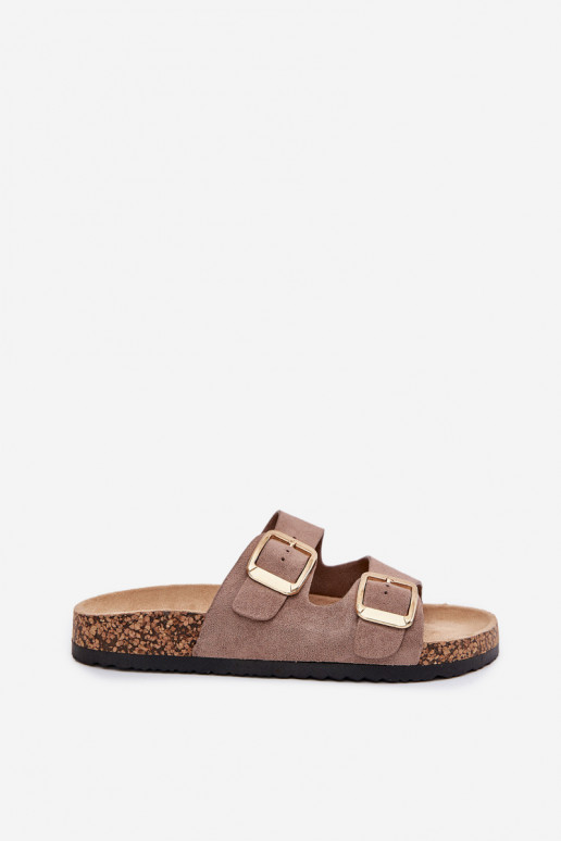 Pantofole da donnain ecopelle scamosciatau colore dorato con fibbie beige Vorella