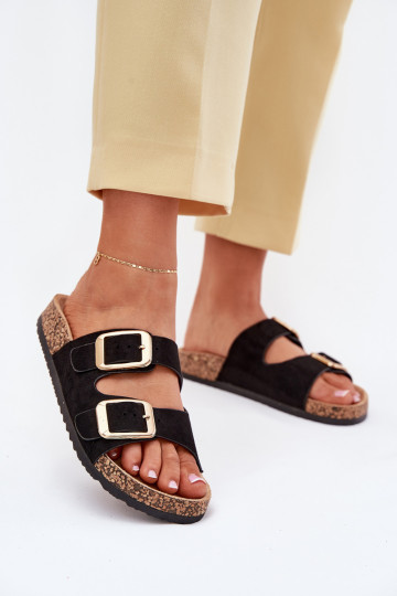 Pantofole da donnain ecopelle scamosciatau colore dorato con fibbie colore nero Vorella