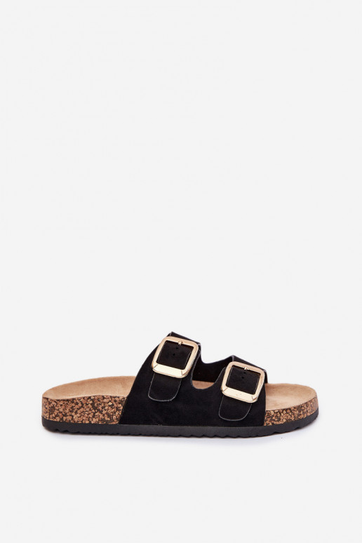 Pantofole da donnain ecopelle scamosciatau colore dorato con fibbie colore nero Vorella