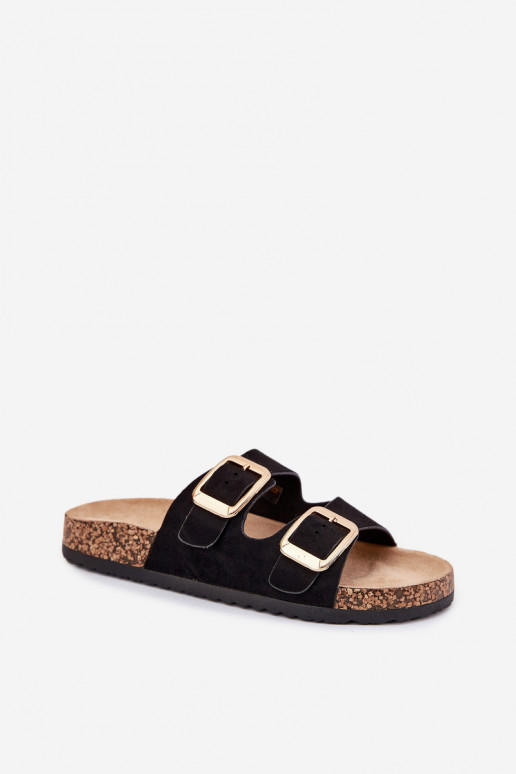 Pantofole da donnain ecopelle scamosciatau colore dorato con fibbie colore nero Vorella