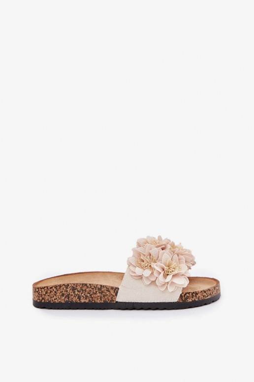Pantofole color sabbia su suola di sughero con motivi floreali decorativi Seleneza
