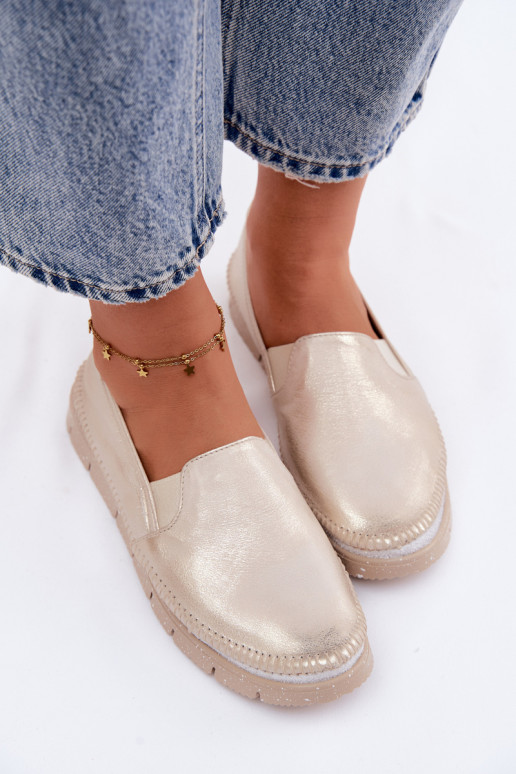 Scarpe da donna dorate slip-on in pelle Przecierany