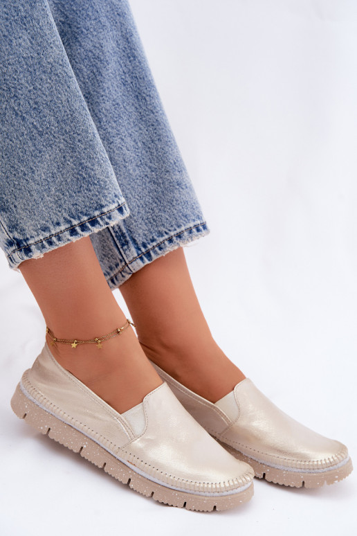Scarpe da donna dorate slip-on in pelle Przecierany