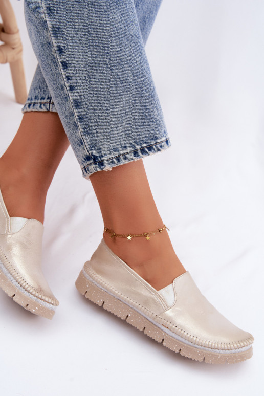 Femminile scarpe Deveciejka Un modello convincente Pelle 03512-25 colore dorato Przecierany