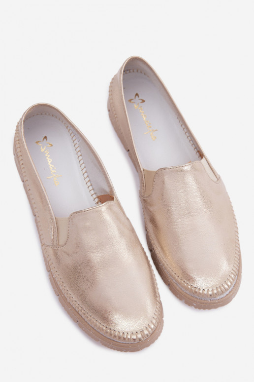 Femminile scarpe Deveciejka Un modello convincente Pelle 03512-25 colore dorato Przecierany