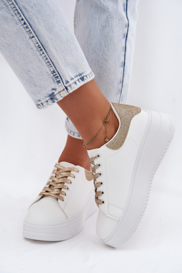 Sneakers bianche e dorate da donna con piattaforma e lucentezza in ecopelle Calinae
