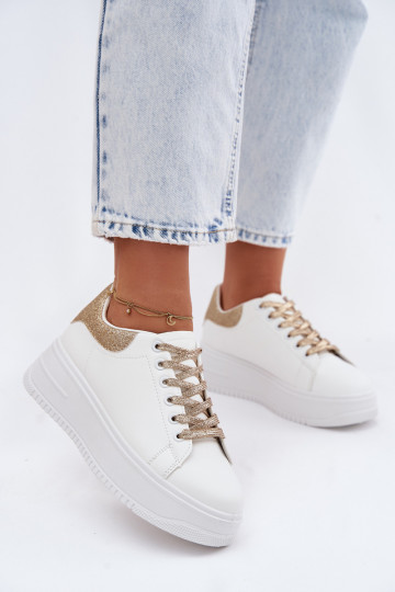 Sneakers bianche e dorate da donna con piattaforma e lucentezza in ecopelle Calinae 2