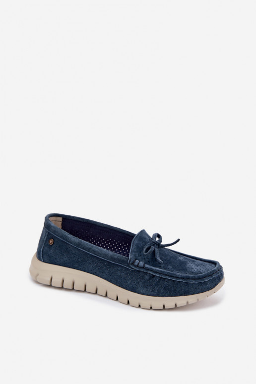 Mocassini in suede sintetico blu scuro da donna con fiocchi Vinceza 95401