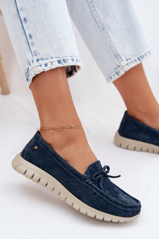 Mocassini in suede sintetico blu scuro da donna con fiocchi Vinceza 95401