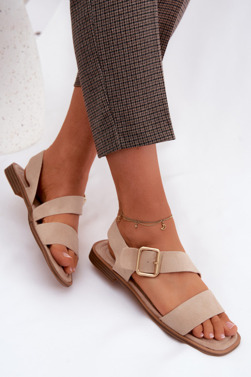 Sandali da donna con tacchi larghi con fibbie dorate beige Verissea