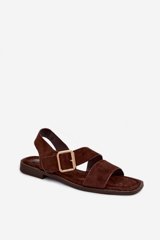 Sandali da donna con tacchi larghi con fibbie dorate CzekoladoAe Verissea
