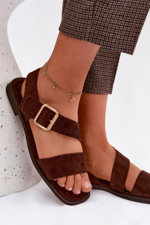 Sandali da donna color cioccolato con tacco largo e fibbie dorate Verissea