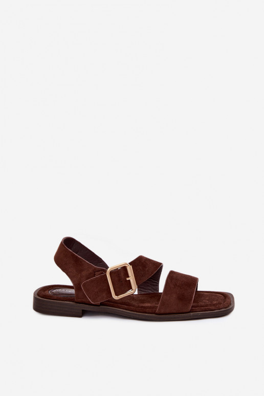 Sandali da donna color cioccolato con tacco largo e fibbie dorate Verissea