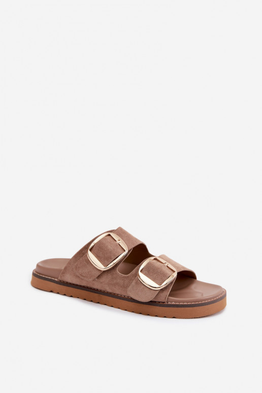 Pantofole da donnaImitacji dalla pelle scamosciatau colore dorato con fibbie colore kaki Averia